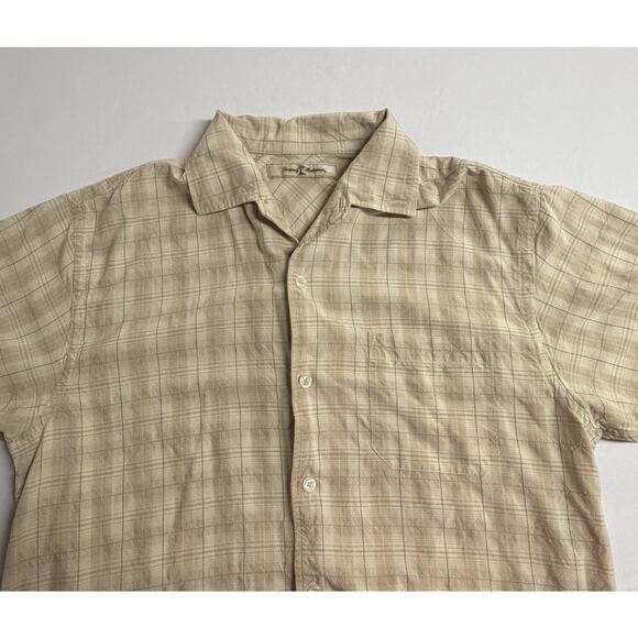 Tommy Bahama Medium Beige Silk Plaid Pattern Short Sleeve Button Down Shirt Men - Picture 5 of 15